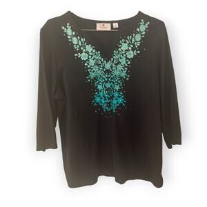 Quacker Factory Teal  Rhinestone Embellished 3/4 sleeve length shirt Sz L